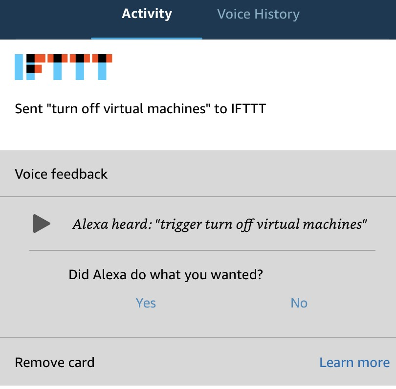 Turning off Virtual Machines with Alexa, IFTTT and Azure Functions