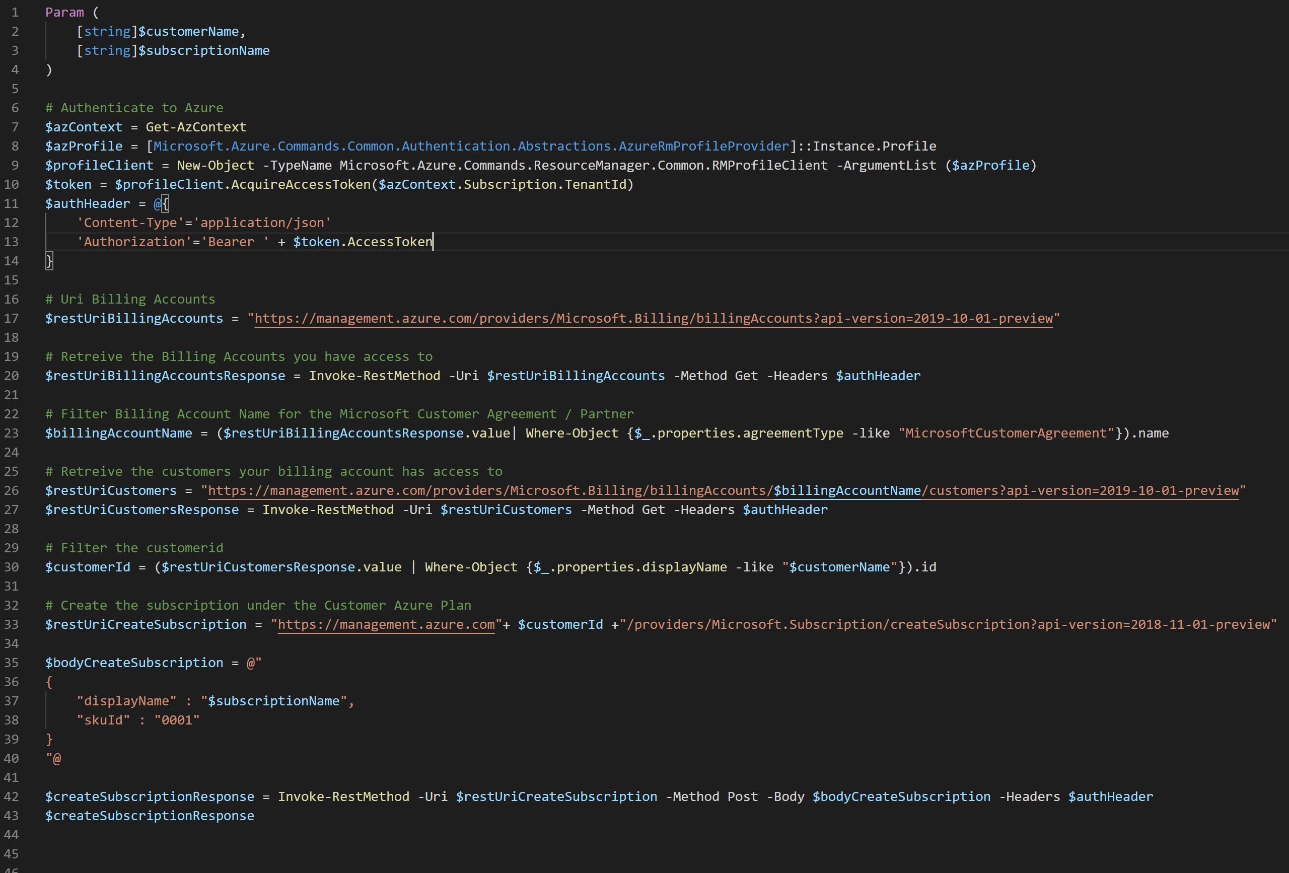 Creating Customer subscriptions under an Azure plan using the REST API